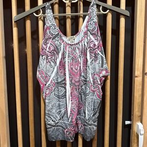 One World Women Top Size L Pink Gray Boho Cold Shoulder Tunic